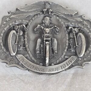 Vintage 1987 Bergamot 3d Pewter Motorcycle Belt Buckle V-45 Live to Ride Eagle